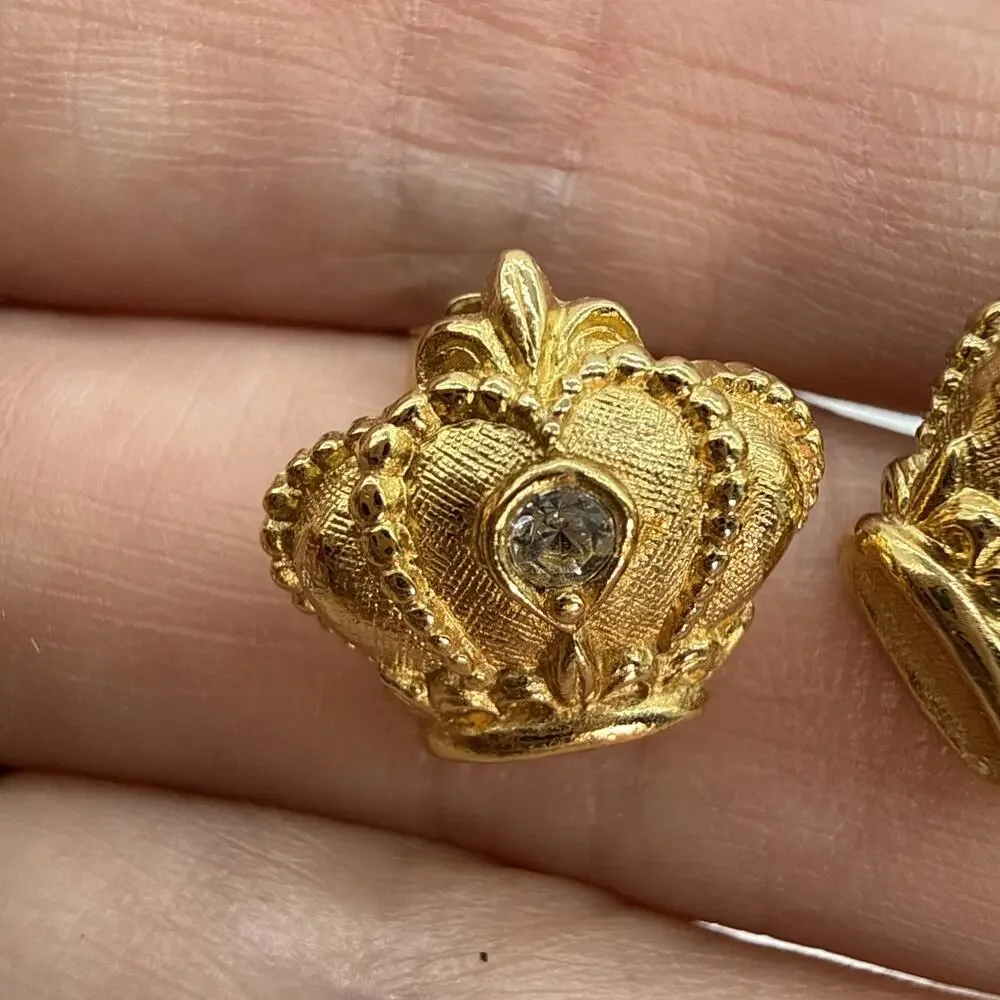 Vintage Avon Gold Tone Rhinestone Regal Crown Pierced Stud Earrings 0.55” 80s